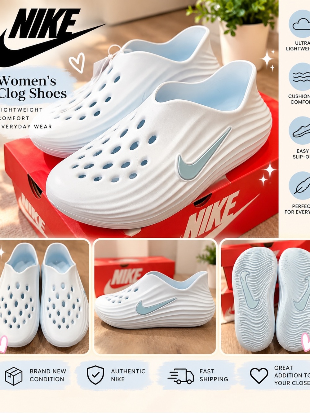 Nike Women's Clog Shoes in White and Light Blue 6y